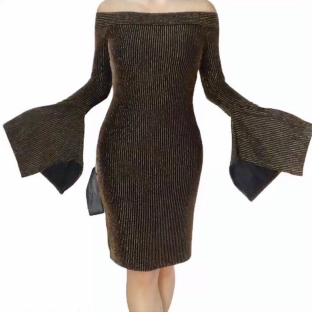 BCBGMaxAzria Off-Shoulder Bell Sleeve Dress gold